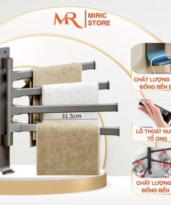 Giá treo khăn cánh tay xoay 180 độ Miric chống han rỉ không cần khoan đục