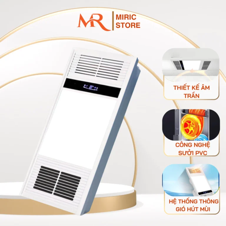 Đèn điều hòa phòng tắm MIRIC 4 in 1 tích hợp sưởi ấm, hút ẩm, thông gió và chiếu sáng. Thiết kế âm trần hiện đại, phù hợp nhiều không gian phòng tắm.